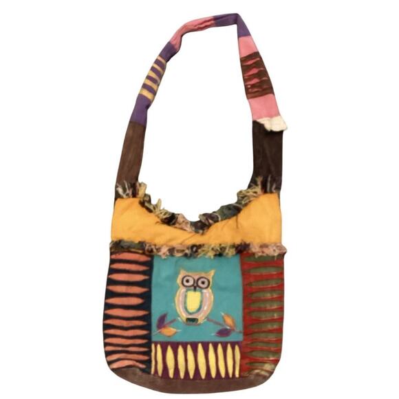 Fabric Owl Hobo Bag Cotton Blue Brown Hippie Bohemian Indie Emo Crow Patchwork - Picture 1 of 12
